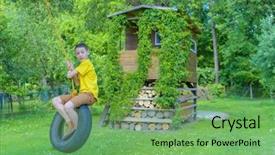  Presentation with summer time - PPT theme having smiling boy on treehouse summer background and a seafoam green colored foreground