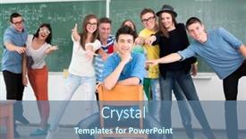  Presentation with classmates - Slide set consisting of smiling boy posing with his cheerful classmates in front of a chalkboard background and a ocean colored foreground