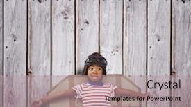 Presentation with pilot - Cool new slide deck with smiling boy pretending to be pilot against digitally generated grey wooden planks backdrop and a coral colored foreground
