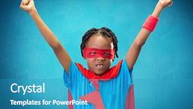  Presentation with superhero - Cool new PPT theme with smiling boy wearing superhero costume standing with arms outstretched against sky blue background backdrop and a teal colored foreground