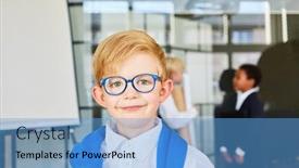  Presentation with glasses - Slides enhanced with smiling-boy-with-glasses background and a light blue colored foreground