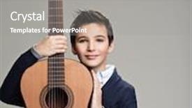 Presentation with acoustic - Amazing presentation design having smiling boy with guitar teenager boy with classic wooden acoustic guitar backdrop and a gray colored foreground