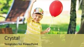  Presentation with red leather cricket ball hitting - Slide deck having smiling boy with red baloon background and a yellow colored foreground