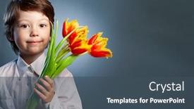  Presentation with mom - Cool new presentation with smiling boy with red flowers bouquet tulips for mom spring concept mother's day backdrop and a ocean colored foreground