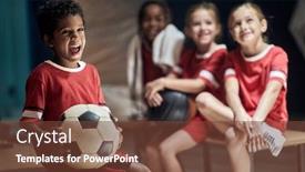  Presentation with locker room - PPT theme with smiling-boy-with-soccer-ball background and a tawny brown colored foreground