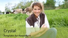 Presentation with milk - Audience pleasing presentation design consisting of smiling breeder woman holding bottles of milk backdrop and a yellow colored foreground