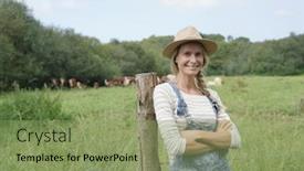  Presentation with cattle - Presentation theme with smiling breeder woman standing in field cattle in background background and a seafoam green colored foreground