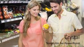  Presentation with products supermarket - Presentation design having smiling bright couple buying food products at supermarket background and a coral colored foreground