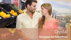 Presentation with products supermarket - PPT theme with smiling bright couple buying food products at supermarket background and a coral colored foreground