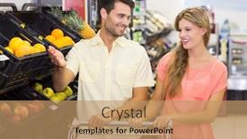  Presentation with products supermarket - PPT theme consisting of smiling bright couple buying food products at supermarket background and a coral colored foreground