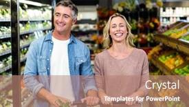  Presentation with products supermarket - Cool new slide set with smiling bright couple buying food products at supermarket backdrop and a coral colored foreground