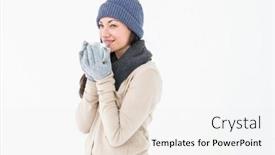  Presentation with beverage - Beautiful presentation featuring smiling brunette drinking hot beverage on white background backdrop and a white colored foreground