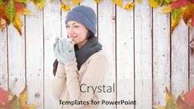  Presentation with autumn wood - Presentation theme with smiling brunette drinking hot beverage against autumn leaves on wood background and a lemonade colored foreground