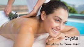  Presentation with aromatherapy - PPT theme having smiling-brunette-getting-an-aromatherapy background and a coral colored foreground