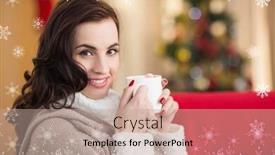  Presentation with christmas chocolate - Audience pleasing slide set consisting of smiling brunette holding a mug of hot chocolate at christmas against fir tree forest and snowflakes backdrop and a coral colored foreground