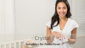  Presentation with baby shoes - Slide set with smiling-brunette-holding-baby-shoes background and a lemonade colored foreground