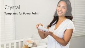  Presentation with baby shoes - Presentation design featuring smiling-brunette-holding-baby-shoes background and a sky blue colored foreground