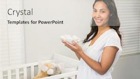  Presentation with baby shoes - Presentation theme enhanced with smiling-brunette-holding-baby-shoes background and a sky blue colored foreground