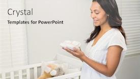  Presentation with baby shoes - Slide deck featuring smiling-brunette-holding-baby-shoes background and a sky blue colored foreground