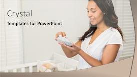  Presentation with baby shoes - Colorful presentation design enhanced with smiling-brunette-holding-baby-shoes backdrop and a light gray colored foreground