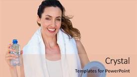  Presentation with exercise mat - Presentation theme with smiling brunette holding bottle of water and exercise mat against orange background background and a lemonade colored foreground