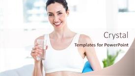  Presentation with exercise mat - Slide deck enhanced with smiling brunette holding exercise mat and glass of water in the living room background and a sky blue colored foreground