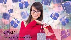  Presentation with glowing light bulbs light bulbs - Presentation theme featuring smiling brunette holding shopping bags background and a red colored foreground
