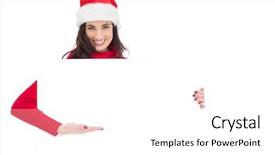  Presentation with poster - PPT theme consisting of beautiful christmas woman holding - smiling brunette in santa hat background and a white colored foreground