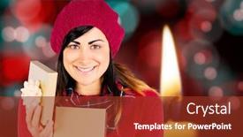  Presentation with candle christmas - Cool new presentation theme with smiling brunette opening christmas gift against candle burning against festive background backdrop and a tawny brown colored foreground