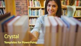  Presentation with book - Colorful presentation theme enhanced with smiling brunette picking out a book of bookshelves in library backdrop and a tawny brown colored foreground