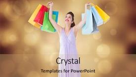  Presentation with orange abstract - Cool new presentation theme with smiling brunette showing shopping bags against orange abstract light spot design backdrop and a coral colored foreground