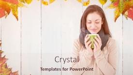 Presentation with autumn wood - Cool new theme with smiling brunette smelling hot beverage against autumn leaves on wood backdrop and a lemonade colored foreground