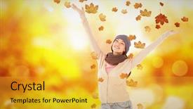  Presentation with scene - Slide set with smiling brunette standing arms open background and a gold colored foreground