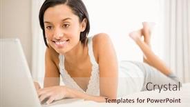  Presentation with social isolation - Colorful PPT theme enhanced with smiling brunette using laptop on the bed working from home in quarantine lockdown social distancing self isolation backdrop and a lemonade colored foreground