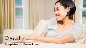  Presentation with remote - Beautiful PPT theme featuring smiling brunette using remote on the sofa backdrop and a lemonade colored foreground