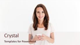  Presentation with white cctv camera on modern - Presentation theme with smiling brunette woman holding smartphone background and a lemonade colored foreground