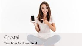  Presentation with blank - Beautiful slides featuring smiling brunette woman showing blank smartphone screen and pointing at him while sitting on the floor over white background backdrop and a white colored foreground
