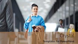  Presentation with passport - Amazing PPT theme having smiling brunette woman with passport standing in airport and looking away backdrop and a coral colored foreground