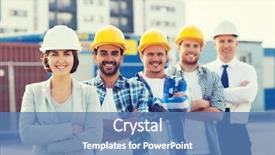  Presentation with teamwork - PPT theme featuring smiling builders in hardhats outdoor background and a teal colored foreground