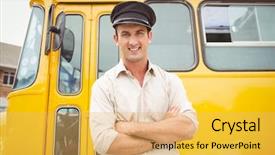  Presentation with school transportation - PPT layouts consisting of smiling bus driver looking background and a yellow colored foreground