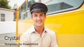  Presentation with school transportation - Presentation theme consisting of smiling bus driver looking background and a lemonade colored foreground