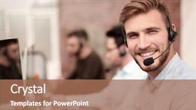  Presentation with staff - Cool new presentation theme with smiling business center staff sitting backdrop and a coral colored foreground