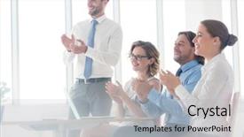  Presentation with new office - Slide deck with smiling business colleagues applauding while background and a light gray colored foreground