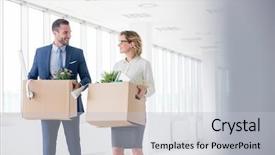  Presentation with new office - Colorful presentation design enhanced with smiling business colleagues carrying cardboard backdrop and a light gray colored foreground