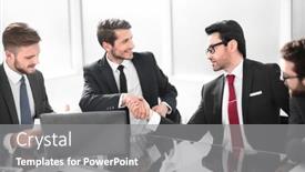  Presentation with shaking hands - PPT theme featuring smiling-business-colleagues-shaking-hands background and a gray colored foreground