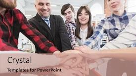  Presentation with college education happy smiling - PPT theme with smiling business colleagues stacking hands background and a  colored foreground