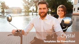  Presentation with motorbike - Slides having smiling business couple rides on modern motorbike outdoors and looking at the camera background and a coral colored foreground