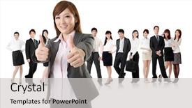  Presentation with executive - PPT theme featuring smiling business executive woman background and a light gray colored foreground