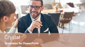  Presentation with business partner - PPT layouts enhanced with smiling business leader and his partner having talk by cup of tea background and a coral colored foreground