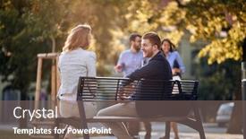 Presentation with man sitting bench - Beautiful theme featuring smiling-business-man-and-woman backdrop and a gray colored foreground
